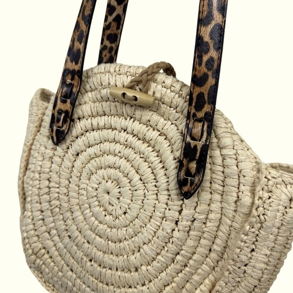 International Concepts Melania Circle Natural Tan Straw Circle Leopard Handbag - Picture 2 of 14